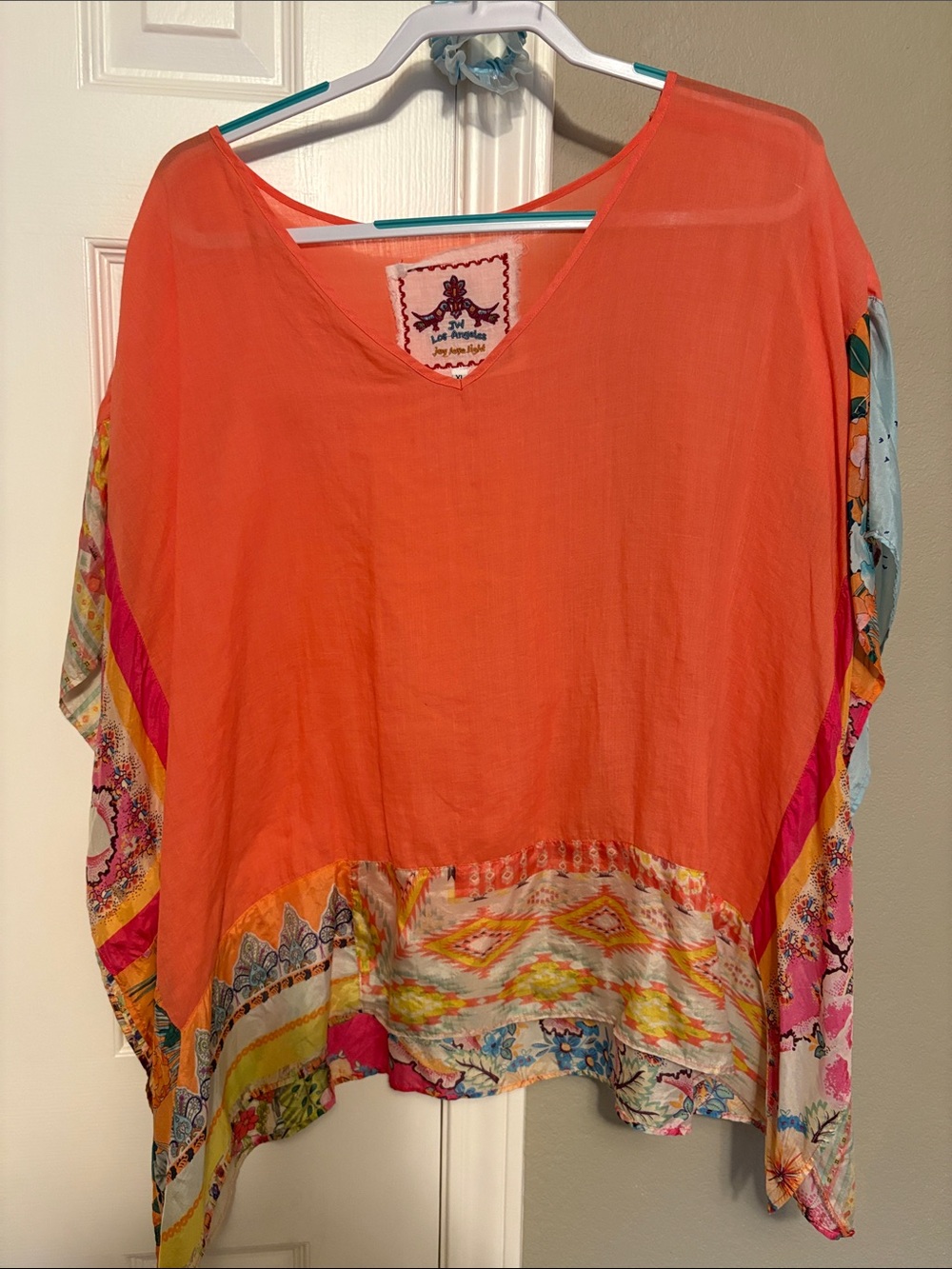 Johnny Was Coral V-Neck Tunic with Multicolor Printed Hem